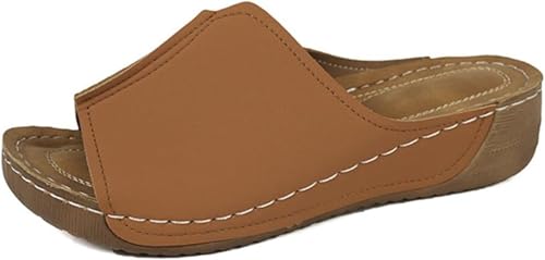Damen Keilabsatz Plateau rutschfest Bequeme Hausschuhe mit schrägem Absatz Hausschuhe Boden Lässige offene Zehenpartie Breiter Riemen Wanderschuhe Bohemian Style Strand (Hellbraun,36) von Suncadmious
