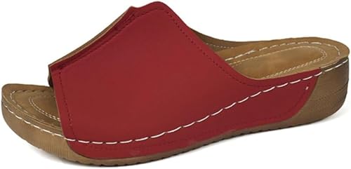 Damen Keilabsatz Plateau rutschfest Bequeme Hausschuhe mit schrägem Absatz Hausschuhe Boden Lässige offene Zehenpartie Breiter Riemen Wanderschuhe Bohemian Style Strand (Rot,37) von Suncadmious