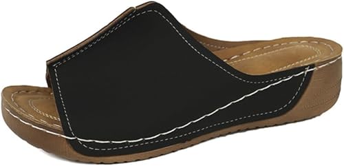 Damen Keilabsatz Plateau rutschfest Bequeme Hausschuhe mit schrägem Absatz Hausschuhe Boden Lässige offene Zehenpartie Breiter Riemen Wanderschuhe Bohemian Style Strand (Schwarz,41) von Suncadmious