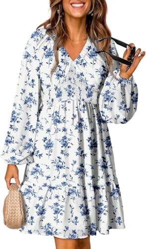 Damen Kleider Boho Floral V-Ausschnitt Langarm Smocked Elastische Taille Casual A-Linie Swing Mini Kleid Sundress (weiß,XL) von Suncadmious
