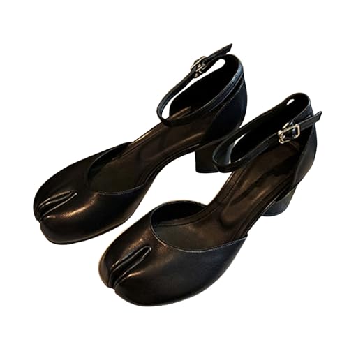 Damen Mary Janes mit geteilter Zehenpartie einem Riemen klobigem Absatz spitzer Zehenbereich Einzelschuhe mit Tube-Heels Knöchelriemen und Schnalle Hochzeits- und Partyschuhe (1 Schwarz,39) von Suncadmious