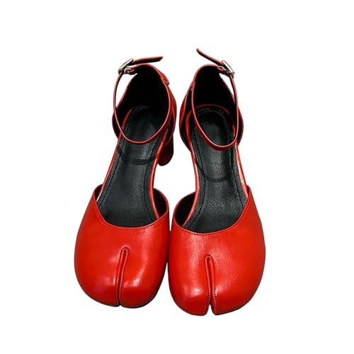 Damen Mary Janes mit geteilter Zehenpartie einem Riemen klobigem Absatz spitzer Zehenbereich Einzelschuhe mit Tube-Heels Knöchelriemen und Schnalle Hochzeits- und Partyschuhe (Rot,38) von Suncadmious