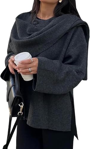 Damen Oversized Schal Jacke Wollmischung Mantel Langarm Knopf Wollmäntel Mäntel (grau,L) von Suncadmious