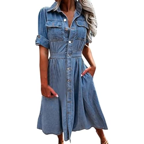 Damen Sommer Freizeit Kleid langärmlig mit Jeansstoff Knopfleiste hoher Taille A-Linie und Taschen Jeanskleid (A-Blau,XXL) von Suncadmious