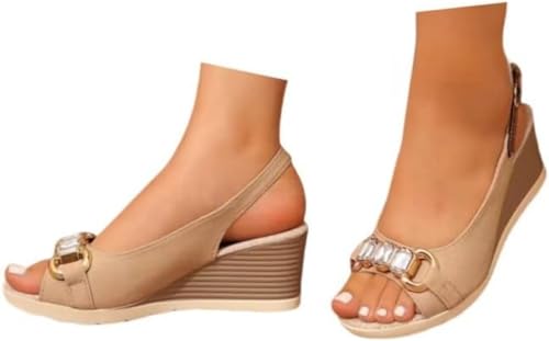 Damen Sommer Schleife Neigung Keilabsatz Offene Zehe Knöchelriemen Bequem Atmungsaktiv Freizeitkleid Sandalen Dicker Boden Wasserdicht (Khaki,39) von Suncadmious