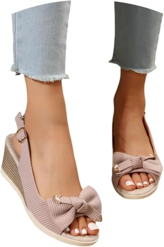 Damen Sommer Schleife Neigung Keilabsatz Offene Zehe Knöchelriemen Bequem Atmungsaktiv Freizeitkleid Sandalen Dicker Boden Wasserdicht (Rosa,38) von Suncadmious