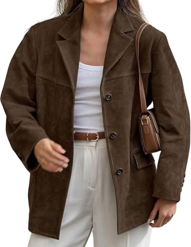Damen Vintage Blazer Herbst Schlank Business Büro Revers Kurzjacke Langarm Knopf mit Tasche Kurzjacke Y2K Fashion Kleid Jacke (Brown,M) von Suncadmious