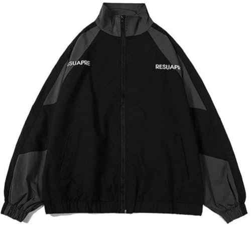 Damen Vintage Harajuku Jacke Lose Hip Hop Style Paneling Winddichte Unisex Streetwear Leichte Jacke Übergroße Lässige Bomberjacke (Schwarz,M) von Suncadmious