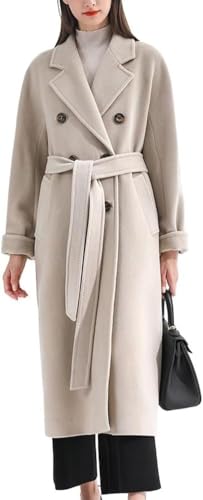 Damen Winter Zweireiher Wollmantel Langarm Notch Revers Langer Trenchcoat (Beige,L) von Suncadmious