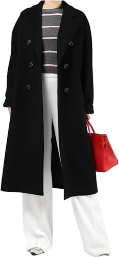 Damen Winter Zweireiher Wollmantel Langarm Notch Revers Langer Trenchcoat (schwarz,L) von Suncadmious