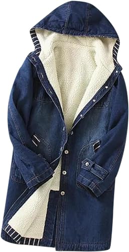 Damen Winter verdickt warmes Fleece mit Kapuze mittellang lässig Jeansjacke winddicht verdickt Denim Windbreaker mit Taschen (Blau,XXL) von Suncadmious