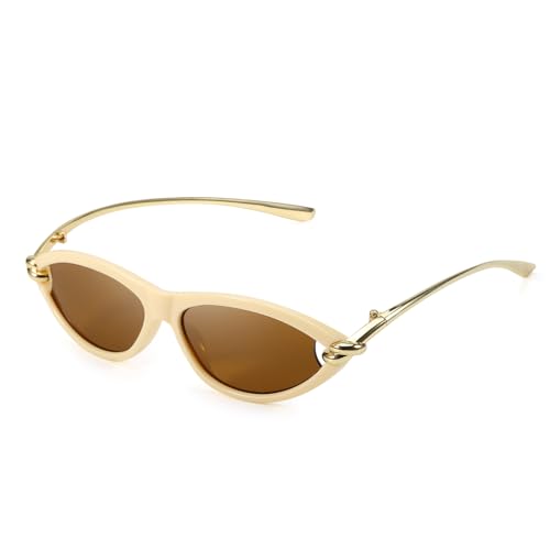 Damenmode-Design kleine ovale Katzenaugen-Sonnenbrille 90er-Jahre-Retro leichte schmale Felge kleine ovale Sonnenbrille Outdoor-Party-Reise-Requisiten (A03- Kaffee/Braun) von Suncadmious