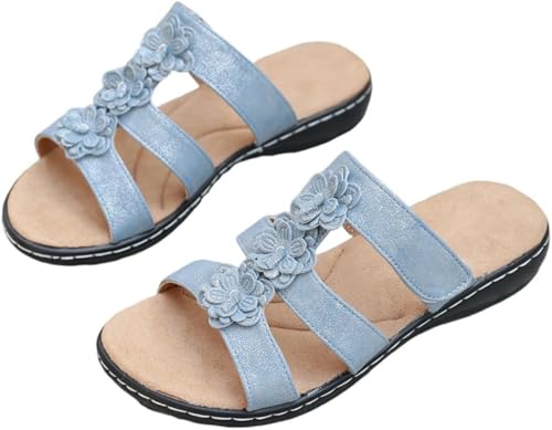 Damenmode Floral Dekorierte Slip-On Sandalen Dicke Sohlen Keilabsätze Bequem und Elegant Sommer Strand Flats (Blau,35) von Suncadmious