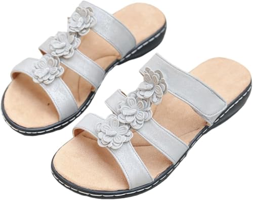 Damenmode Floral Dekorierte Slip-On Sandalen Dicke Sohlen Keilabsätze Bequem und Elegant Sommer Strand Flats (Grau,36) von Suncadmious