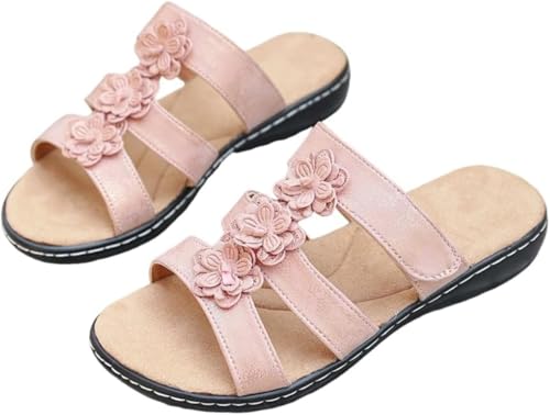 Damenmode Floral Dekorierte Slip-On Sandalen Dicke Sohlen Keilabsätze Bequem und Elegant Sommer Strand Flats (Rot,36) von Suncadmious