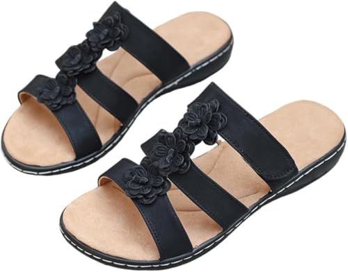 Damenmode Floral Dekorierte Slip-On Sandalen Dicke Sohlen Keilabsätze Bequem und Elegant Sommer Strand Flats (Schwarz,35) von Suncadmious