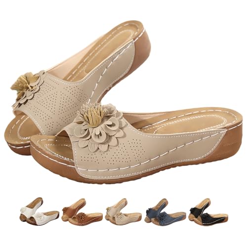 Damenmode Lässig Bequeme Rutschfeste Einfarbige Sandalen Schräger Absatz Offene Zehenpartie Oberbekleidung Hausschuhe Freizeitkleid Sommer Plateau Keilsandalen (Beige,41) von Suncadmious