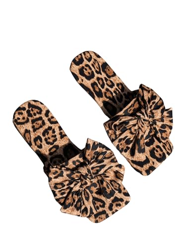 Damenmode süße Schleife Leopardenmuster flache Sandalen Muster bedruckte Schleife Strandsandalen Hausschuhe lässig Übergröße Partykleidung (Brauner Leopard,39) von Suncadmious