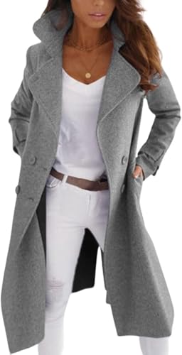 Eleganter zweireihiger Langer Erbsenmantel Zweireihiger Trenchcoat Revers Langarmmantel Schlanker A-Linien-Mantel Modemantel (Grau,XL) von Suncadmious