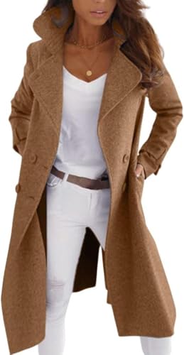 Eleganter zweireihiger Langer Erbsenmantel Zweireihiger Trenchcoat Revers Langarmmantel Schlanker A-Linien-Mantel Modemantel (Khaki,L) von Suncadmious