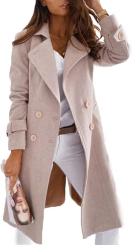 Eleganter zweireihiger Langer Erbsenmantel Zweireihiger Trenchcoat Revers Langarmmantel Schlanker A-Linien-Mantel Modemantel (Rosa,S) von Suncadmious
