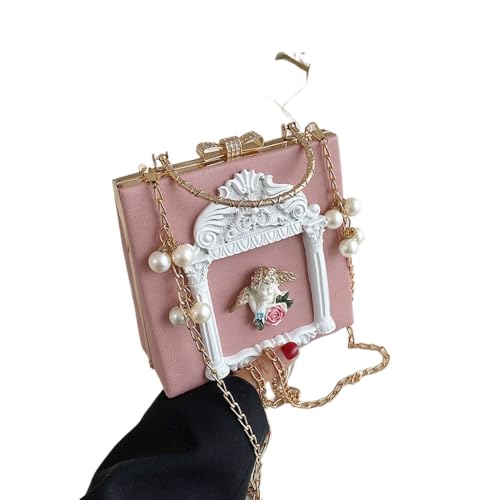 Frauen Liebe Engel Floral Abendtasche Rose Geprägte Formale Geldbörse Kupplung Gold Crossbody Perlenkette Umhängetasche (Rosa,Einheitsgröße) von Suncadmious