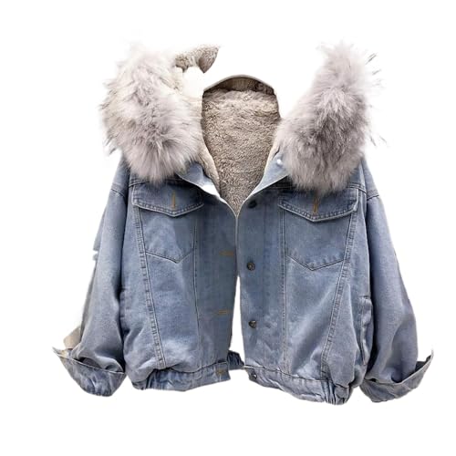 Frauen Pelzkragen mit Kapuze Denim Jacke Thicken Velvet Shaggy Loose Bomber Jean Jacke Warm Fleece gefüttert Baumwolle-gepolstert (grau,XL) von Suncadmious