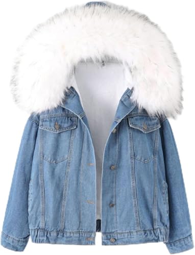 Frauen Pelzkragen mit Kapuze Denim Jacke Thicken Velvet Shaggy Loose Bomber Jean Jacke Warm Fleece gefüttert Baumwolle-gepolstert (weiß,S) von Suncadmious