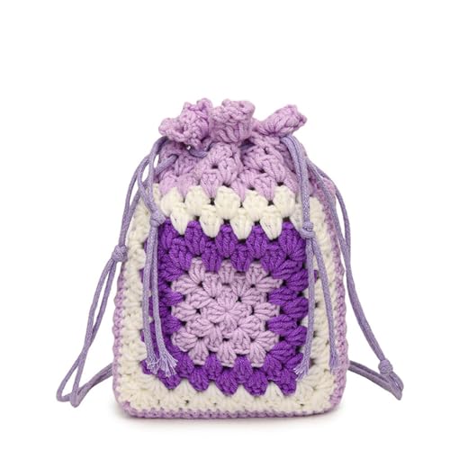 Handmade Crochet Crossbody Bag für Frauen gewebt Schulter Handtasche Geldbörse Drawstring Phone Bag (Lila,Einheitsgröße) von Suncadmious