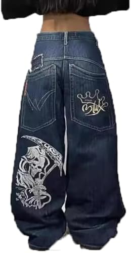 Herren Damen Y2K Street Hip Hop Jeans mit Totenkopf Print Jeans mit großer Tasche Gothic Print Jeans neutral Jeans mit hoher Taille Jeans mit hoher Taille (Blau,M) von Suncadmious