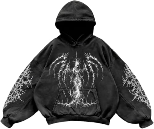 Herren Damen Y2K Vintage Totenkopf Print Casual Hoodie College Style Gothic Langarm Hoodie Lose Übergroße Street Retro Paar Sweatshirt (Schwarz 2,M) von Suncadmious