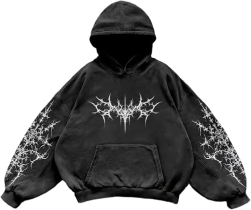 Herren Damen Y2K Vintage Totenkopf Print Casual Hoodie College Style Gothic Langarm Hoodie Lose Übergroße Street Retro Paar Sweatshirt (Schwarz 3,XL) von Suncadmious