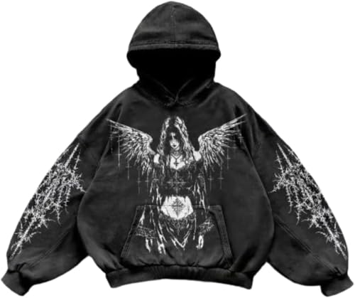 Herren Damen Y2K Vintage Totenkopf Print Casual Hoodie College Style Gothic Langarm Hoodie Lose Übergroße Street Retro Paar Sweatshirt (Schwarz 4,M) von Suncadmious