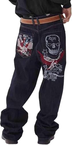 Herren Hip Hop Vintage Totenkopf bestickte Jeans Loose Fit Dance Skateboarding Denim Hose Gothic Straight Loose Wide Leg Pants (Schwarz,M) von Suncadmious
