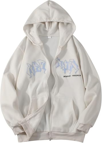 Herren Y2K Reißverschluss Übergroßer Sport Hoodie Harajuku Gothic Grunge Muster Sweatshirt Kapuzenpullover Top Neutral Hip Hop Print Streetwear (Weiß,S) von Suncadmious