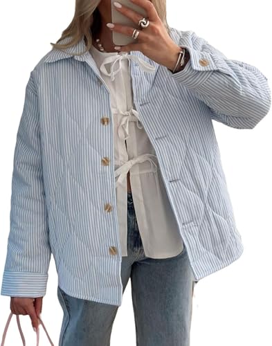 Leichte Steppjacke für Damen im Y2K-Stil, gestreifter Reversknopf Herbst und Winterjacke verdickte Vintage Jacke Kurze Stepp-Trenchcoat Jacke aus Baumwolle (Blau,M) von Suncadmious