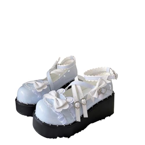 Mädchen Mode Runde Zehe Dicke Ferse Weiß Spitze Bogen Dekoration Mary Jane Plattform Schuhe Frauen Niedlich Lolita Uniform Party Kleid Schuhe (Blau,38) von Suncadmious