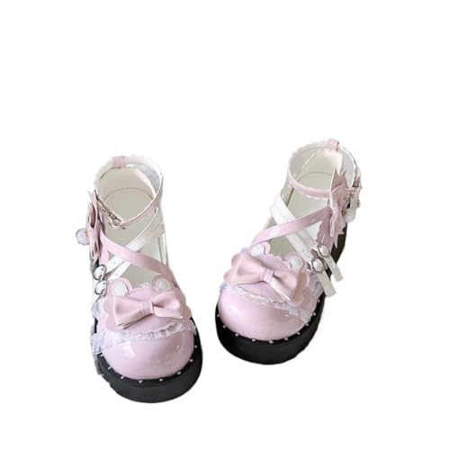 Mädchen Mode Runde Zehe Dicke Ferse Weiß Spitze Bogen Dekoration Mary Jane Plattform Schuhe Frauen Niedlich Lolita Uniform Party Kleid Schuhe (Rosa,35) von Suncadmious