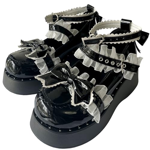 Mädchen Mode Runde Zehe Dicke Ferse Weiß Spitze Bogen Dekoration Mary Jane Plattform Schuhe Frauen Niedlich Lolita Uniform Party Kleid Schuhe (Schwarz,37) von Suncadmious