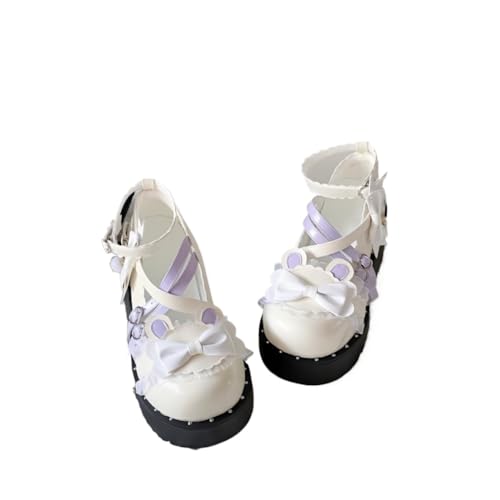 Mädchen Mode Runde Zehe Dicke Ferse Weiß Spitze Bogen Dekoration Mary Jane Plattform Schuhe Frauen Niedlich Lolita Uniform Party Kleid Schuhe (Weiß,35) von Suncadmious