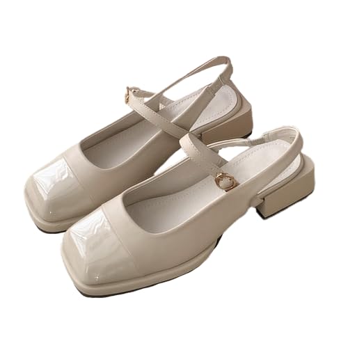 Mary-Jane-Sandalen für Damen mit klobigem Absatz und quadratischer Zehenpartie Schnalle modisch glänzend niedriger Absatz lässige Abendschuhe fürs Büro (Beige,35) von Suncadmious