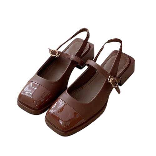 Mary-Jane-Sandalen für Damen mit klobigem Absatz und quadratischer Zehenpartie Schnalle modisch glänzend niedriger Absatz lässige Abendschuhe fürs Büro (Braun,37) von Suncadmious