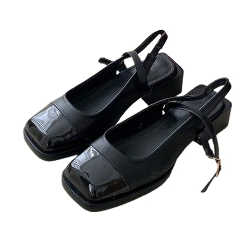 Mary-Jane-Sandalen für Damen mit klobigem Absatz und quadratischer Zehenpartie Schnalle modisch glänzend niedriger Absatz lässige Abendschuhe fürs Büro (Schwarz,37) von Suncadmious