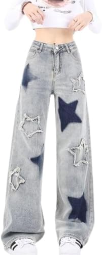 Niedliche Jeans für Frauen Mädchen Stern Patchwork Hosen Y2K hohe Taille gerades Bein Baggy Jean Casual Preppy Clothes (blau,M) von Suncadmious