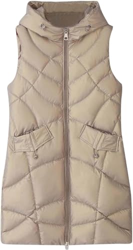 Suncadmious Ärmellose Steppweste für Damen mit Kapuze warm mit Taschen einfarbig lang mit Kapuze Daunen-Baumwoll-Pferdejacke (Khaki,L) von Suncadmious