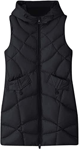 Suncadmious Ärmellose Steppweste für Damen mit Kapuze warm mit Taschen einfarbig lang mit Kapuze Daunen-Baumwoll-Pferdejacke (Schwarz,XXL) von Suncadmious