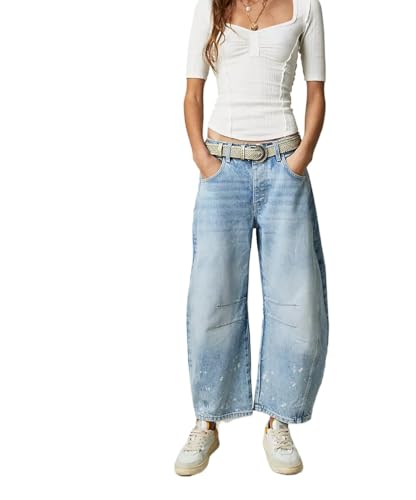 Suncadmious Barrel Jeans für Frauen Trendy High Waisted Wide Leg Baggy Cropped Relax Fit Stretch Denim Trouser Ankle Pants (blau,XL) von Suncadmious