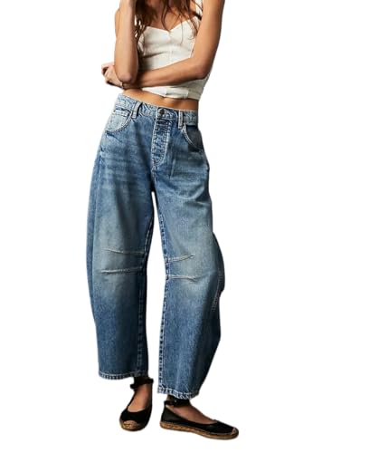 Suncadmious Barrel Jeans für Frauen Trendy High Waisted Wide Leg Baggy Cropped Relax Fit Stretch Denim Trouser Ankle Pants (dunkelblau,L) von Suncadmious