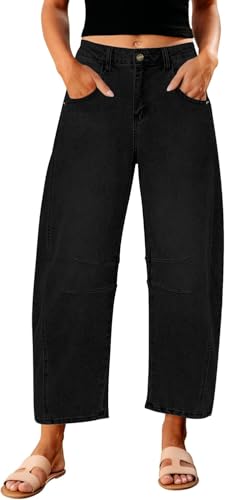 Suncadmious Barrel Jeans für Frauen Trendy High Waisted Wide Leg Baggy Cropped Relax Fit Stretch Denim Trouser Ankle Pants (schwarz,XL) von Suncadmious