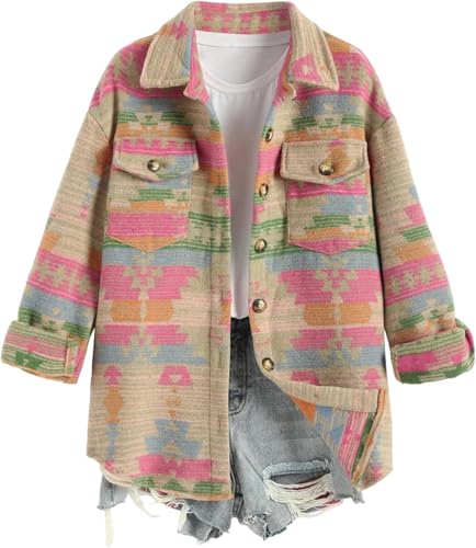 Suncadmious Damen Aztekenjacke Ethnischer Western-Stil Langarm Vintage Button Down Jacke Jacke mit Taschen (Rosa,XL) von Suncadmious
